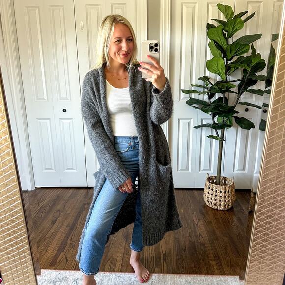 Current/Elliott The Long Slash Pocket Open Front Sweater Cardigan Gray L - Picture 2 of 9